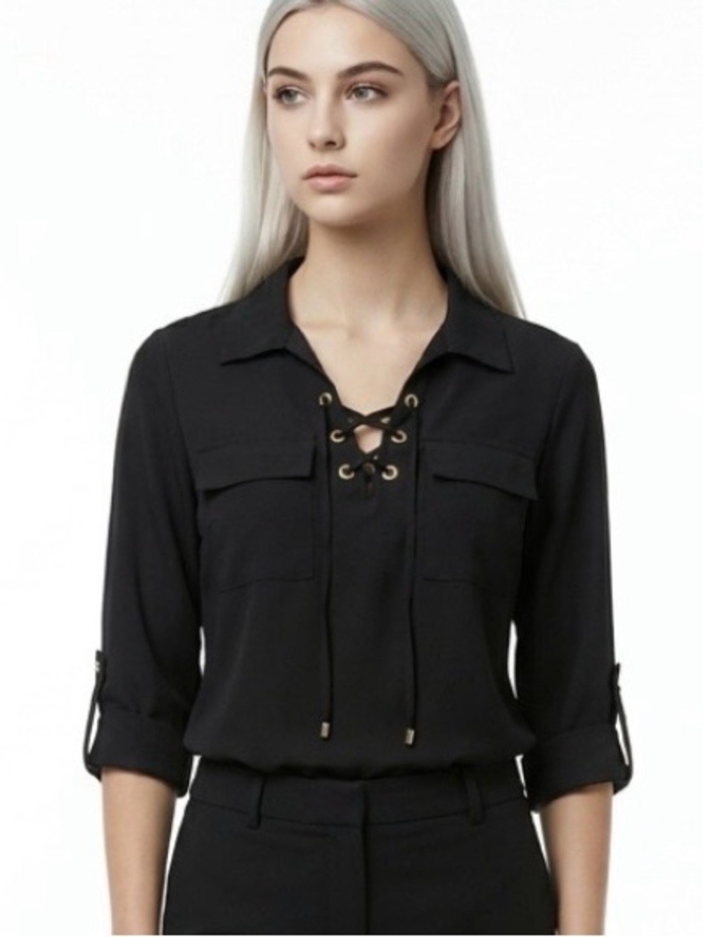 Michael Kors Black Lace-Up V-Neck Blouse